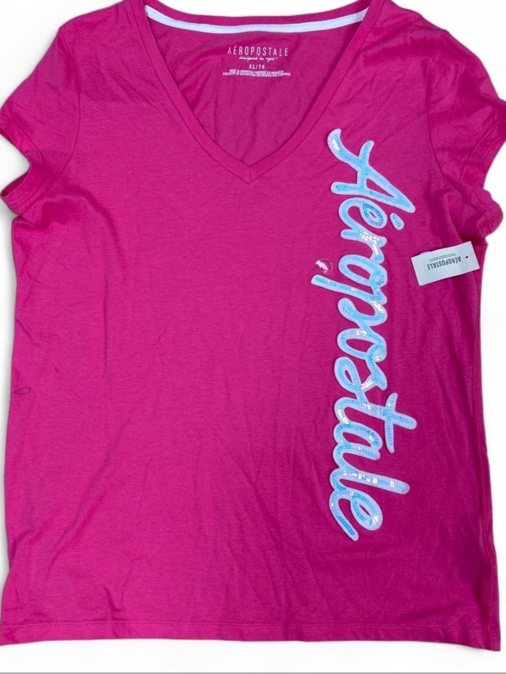 Aeropostale Hot Pink V-Neck Tee with Light Blue Sequin Script